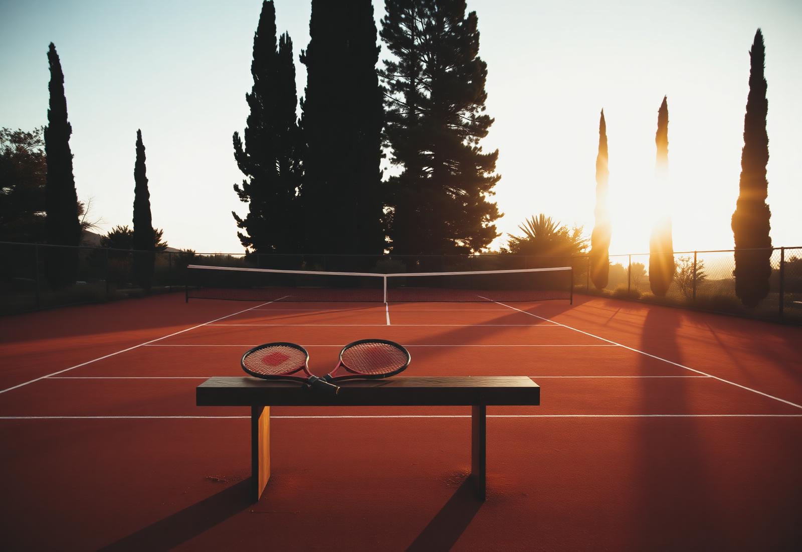 Empty clay tennis court at sunrise between cypress trees