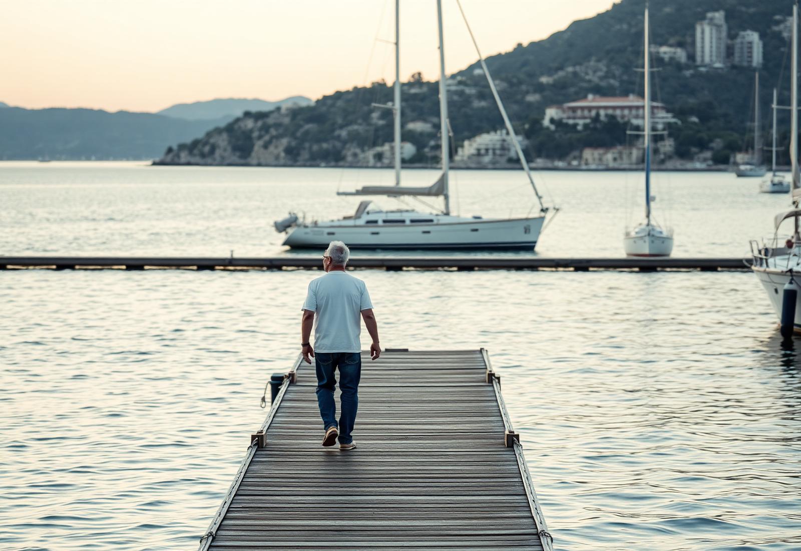 Walking along a pontoon toward a yacht in a Mallorca marina